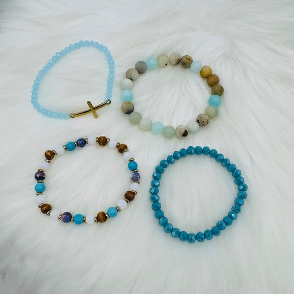 Stainless Steel Cross beaded Arm Candy  Bracelet -  Blue theme - Picture 4 of 7